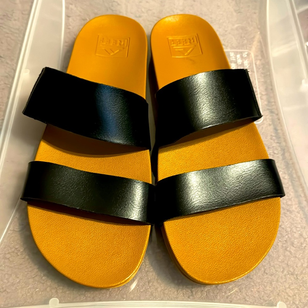 Reef Sandals Womens 10 Black Tan Cushion Vista Comfort Slip On Slides Flip Flops